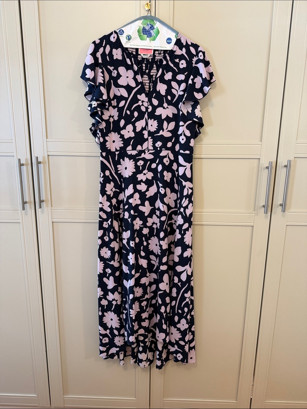 Kate Spade Floral Midi Dress Size 14 Navy Lavender Flutter Sleeve - Picture 1 of 10